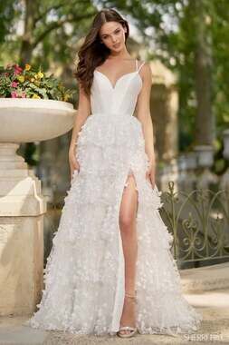 Sherri Hill 57015 Tulle Ball Gown with High Slit and 3D Floral Appliques size 6